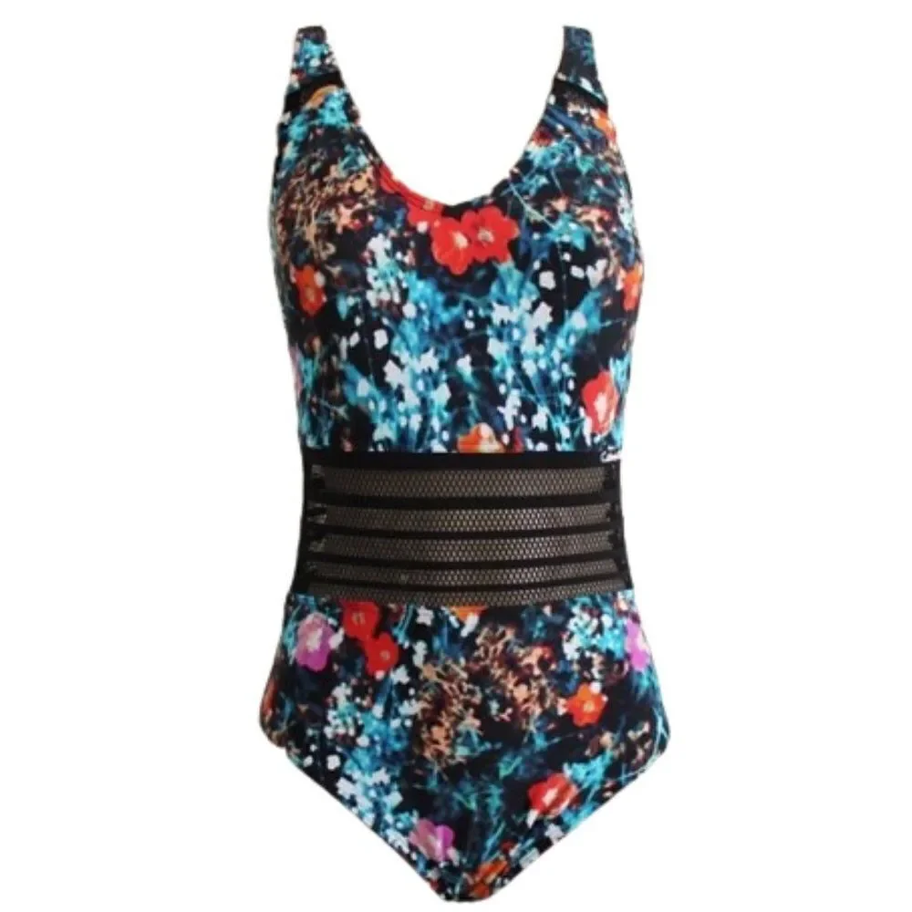 Calvin Klein Women's Floral Poppy Mesh Inset Panel One Piece Swimsuit Size 14